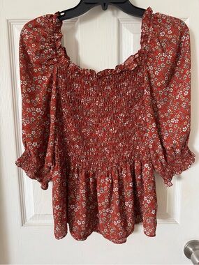 Max Studio Rust Red Floral Smocked Peasant Blouse